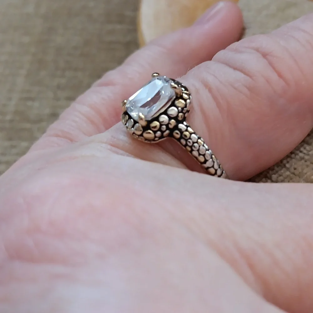 Rhinestone Pebbled Gold and Silver Textured Silver Ring
